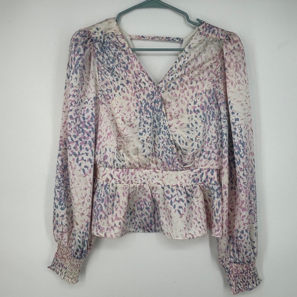 Express Womens Small Tie Back Peplum Top Purple Abstract Print Satin Long Sleeve - Picture 2 of 11